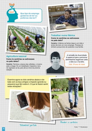 10
Examina agora os dois cenários abaixo e de-
bate com os teus amigos o impacto (grande ou
pequeno) que têm sobre ti. O que te fazem sentir
estas situações?
Telemóvel partido
Perder a carteira
3
4
A inclusão da diversidade
é essencial para contrariar
sentimentos negativos como
o ódio ou o racismo.
João, 19 anos de idade
Fonte: 1,2,3,4
Shutterstock
2
1
Trabalhar numa fábrica
Como te sentirias se estivesses
na pele dela?
Cenário: A fábrica vai fechar daqui a um mês e
ainda não tens um novo emprego. Precisas do
dinheiro porque tens de sustentar a tua família.
Que tipo de emprego
gostarias de ter ou
preferias não ter?
Agricultura sazonal
Como te sentirias se estivesses
na pele deles?
Cenário: Terminou a época das colheitas, o inverno
está a chegar. És um trabalhador imigrante e tens
de regressar ao teu país até ao início da próxima
estação.
 