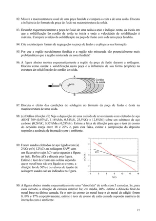82. Mostre a macroestrutura usual de uma peça fundida e compare-a com a de uma solda. Discuta
    a influência do formato da poça de fusão na macroestrutura da solda.

83. Desenhe esquematicamente a poça de fusão de uma solda a arco e indique, nesta, os locais em
    que a solidificação do cordão de solda se inicia e onde a velocidade de solidificação é
    máxima. Compare o início da solidificação na poça de fusão com o de uma peça fundida.

84. Cite as principais formas de segregação na poça de fusão e explique a sua formação.

85. Por que a região parcialmente fundida e a região não misturada são potencialmente mais
    problemáticas que a região misturada da zona fundida?

86. A figura abaixo mostra esquematicamente a região da poça de fusão durante a soldagem.
    Discuta como ocorre a solidificação nesta poça e a influência de sua forma (elíptica) na
    estrutura de solidificação do cordão de solda.

                                            A
                                                                          Cordão
                                                                          de solda
                            v    D       Arco                    C


                                             B



87. Discuta o efeito das condições de soldagem no formato da poça de fusão e desta na
    macroestrutura de uma solda.

88. (a) Defina diluição. (b) Seja a deposição de uma camada de revestimento com eletrodo de aço
    ABNT 309 (0,07%C, 1,16%Mn, 0,34%Si, 23,5%Cr e 12,8%Ni) sobre um substrato de aço
    carbono (0,26%C, 0,52%Mn e 0,28%Si). Estime a faixa de diluição para que o teor de cromo
    do depósito esteja entre 18 e 20% e, para esta faixa, estime a composição do deposito
    supondo a ausência de interação com o ambiente.

                                                                 3


                                                                 2           3 5V
89. Foram usados eletrodos de aço ligado com (a)
    2%Cr e (b) 12%Cr, na soldagem SAW com                        1

    um fluxo ativo cujo ∆Cr varia segundo a figura                        2 9V
                                                     ∆ Cr (% )




    ao lado. Defina ∆Cr e discuta esta figura.
                                                                 0


    Estime o teor de cromo nas soldas supondo                    -1

    que o metal base não era ligado ao cromo, a
                                                                 -2
    diluição foi de 50% e os valores de tensão de
    soldagem usados são os indicados na figura.                  -3
                                                                      0      3       6    9     12   15   18

                                                                                         % Cr


90. A figura abaixo mostra esquematicamente uma “almofada” de solda com 5 camadas. Se, para
    cada camada, a diluição da camada anterior for, em média, 40%, estime a diluição final do
    metal base na última camada. Se o teor de cromo do metal base e do metal de adição forem
    0,10% e 17% respectivamente, estime o teor de cromo de cada camada supondo ausência de
    interação com o ambiente.


                                                                                                          15
 