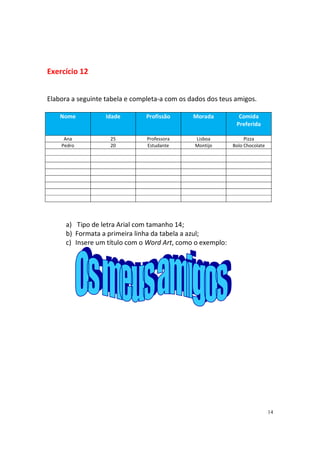 14
Exercício 12
Elabora a seguinte tabela e completa-a com os dados dos teus amigos.
Nome Idade Profissão Morada Comida
Preferida
Ana 25 Professora Lisboa Pizza
Pedro 20 Estudante Montijo Bolo Chocolate
a) Tipo de letra Arial com tamanho 14;
b) Formata a primeira linha da tabela a azul;
c) Insere um título com o Word Art, como o exemplo:
 