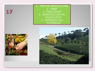 1. TIPO DE AGRICULTURA
             2. ONDE
17        3. FINALIDADE
       4. MONOCULTIVO OU
            POLICULTIVO
         5. INTENSIVA OU
              EXTENSIVA
 