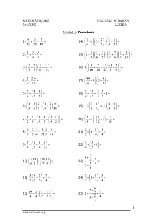MATEMÀTIQUES                                        COL—LEGI MIRASAN
3r d’ESO                                                     LLEIDA

                           Unitat 1: Fraccions

      9   3   7                         1        2 1 1
1)      +   −   =                   14)  − 1· 3 −  −  −  =
     15 20 10                           6        5 3 2

     1 3 5                               11 1  1 71 1 
2)    + − =                         15) 1 − · +  −  + · +  =
     2 4 3                               3   6 2   2 6   5 15 

   5 71 1                              1  7 1   − 1 2 
3)  − · −  =                    16) 3· +    − ·    −  =
    2 3   6 10                         10 20 4   3 9 

     1 24                                49       8
4)    : · =                         17)  − 8 · 5 −  =
     2 35                                6        6

     3 4 1                              1 3  3
5)    − −  =                      18)    −  − 1 : + 1 =
     2  3 5                             2 4  4

    4 5  2  4 2  15                     3 1       4 6
6)  − · −  + · =                19) − 3· −  : (−2) −  =
    3 6  3  9 5  38                     5 3       3 5

     1 1  1 1  3 1                  3  1         1
7)    + −  + −  −  =            20)  − 1 :  − 2  −  =
     2 5  4 5  4 2 
                                      4  2         18

     9 3 1  5 3 1                         2  1 3
8)    − · − · −     =               21)    × 1 −  + =
     7 5 14 21 5 10                       3  4 4

     3 1 1 1                            3 3 
9)    − + −  =                    22)    ÷  + 1 =
     4  2 4 3                           4 2 

                                           1
                                          1+
     1 12   18 21                      2 +3=
10)  ·  :  ·  =                 23)
    6 5   7 9                       3−
                                           3 4
                                           4

     3 8 5 7                            3  1 3
11) · · −  + =                    24)    × 1 +  + =
     2 3 6 4                            2  3 4

                                               6
                                               2−
    10 2  1 1 1                              2 +1 =
12)   − : − ·  =                  25) 2 +
     4 4 2 2 2                               2 4
                                            3−
                                               3

                                                                         1
www.mirasan.org
 