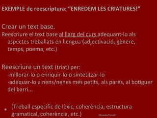 EXEMPLE  de reescriptura: “ENREDEM LES CRIATURES!” Crear un text base. Reescriure el text base  al llarg del curs  adequant-lo als aspectes treballats en llengua (adjectivació, gènere, temps, poema, etc.) Reescriure un text  (triat) per: -millorar-lo o enriquir-lo o sintetitzar-lo -adequar-lo a nens/nenes més petits, als pares, al botiguer del barri... (Treball específic de lèxic, coherència, estructura gramatical, coherència, etc.) * Elisenda Torrell 