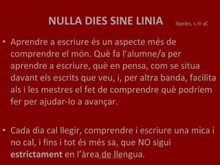 NULLA DIE S  SINE LINIA Aprendre a escriure és un aspecte més de comprendre el món. Què fa l’alumne/a per aprendre a escriure, què en pensa, com se situa davant els escrits que veu, i, per altra banda, facilita als i les mestres el fet de comprendre què podríem fer per ajudar-lo a avançar. Cada dia cal llegir, comprendre i escriure una mica i no cal, i fins i tot és més sa, que NO sigui  estrictament  en l’àrea de llengua. Apeles, s.IV aC Elisenda Torrell 