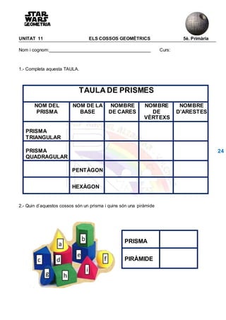UNITAT 11 ELS COSSOS GEOMÈTRICS 5è. Primària
Nom i cognom: Curs:
1.- Completa aquesta TAULA.
24
2.- Quin d’aquestos cossos són un prisma i quins són una piràmide
PRISMA
PIRÀMIDE
TAULA DE PRISMES
NOM DEL
PRISMA
NOM DE LA
BASE
NOMBRE
DE CARES
NOMBRE
DE
VÈRTEXS
NOMBRE
D’ARESTES
PRISMA
TRIANGULAR
PRISMA
QUADRAGULAR
PENTÀGON
HEXÀGON
 