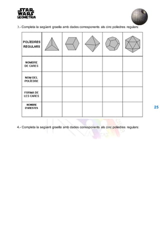 3.- Completa la següent graella amb dades corresponents als cinc políedres regulars:
25
4.- Completa la següent graella amb dades corresponents als cinc políedres regulars:
 