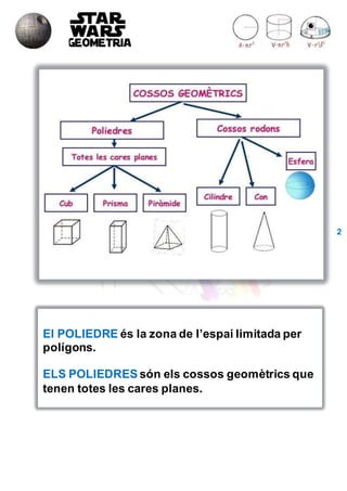 2
El POLIEDRE és la zona de l’espai limitada per
polígons.
ELS POLIEDRES són els cossos geomètrics que
tenen totes les cares planes.
 