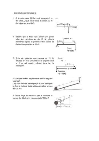 EXERCICIS MECANISMES

1. Si la caixa pesa 21 Kg i està separada 1 m       F1
   del fulcre, ¿Què pes s’haurà d´aplicar a 3 m
   del fulcre per alçar-la,?.                             3m      1m
                                                                       Resistència
                                                                       F2 = 21 Kg.




2. Sabent que la força que aplique per poder
   tallar les cartolines és de 10 N, ¿Quina                      Resist. F2
   resistència oposa la guillotina? Les dades de     0,5 m                1m
   distàncies apareixen al dibuix.

                                                                     Força
                                                                     F1=10 N



3. S´ha de subjectar una càrrega de 15 Kg                Força
   situada a 4 m d´un fulcre des d´un punt situat           F1
   a 2 m del mateix, ¿Quina força he de                              2m
   realitzar?
                                                                  4m
                                                         Resistèn.
                                                         F2 = 15Kg
                                                         Kg
4. Quin pes màxim es pot elevar amb la següent
palanca?
Cap a on hauríem de desplaçar el punt de suport
si, fent la mateixa força, volguérem alçar un pes
de 120 Kf?


5. Quina força és necessita per a sostindre la
carretó del dibuix si hi ha depositats 150kg.?
 