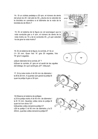 14.- Si un ciclista pedaleja a 20 rpm, el número de dents
del pinyó és 20 i del plat és 50, ¿Quina és la velocitat de   pinyó
la bicicleta en carretera si el diàmetre de la roda de la
bicicleta és de 80cm.?                                                cadena

                                                                                         plat



15. En el sistema de la figura es vol aconseguir que la
                                                                          n1
roda conduïda gire a 4 rpm, el número de dents de la
                                                                          z1
roda motriu es 15 y de la conduïda 45. ¿A què velocitat
ha de girar la roda motriu?
                                                                               n2
                                                                               z2



16. En el sistema de la figura, la corriola „A“ té un
= 20 mm. Quan l'eix “A“ gira 20 vegades, l'eix
“B“ gira 5 vegades.
                                                                “A"
                                                                "A"            Eje “B”
                                                                                 "B"

a)Quin diàmetre té la corriola „B“ ?
b)Quan la corriola „A“ gira en el sentit de les agulles
del rellotge, En quin sentit gira „B“?. Dibuixa'l.



17. Si la roda motriu A té 50 mm de diàmetre i
la B té 20 mm. A quantes rpm girarà la politja B
quan la politja A gira a 30 rpm.




18.Observa el sistema de politges:
a) Si la politja motriu A té 45 mm. de diàmetre i
la B 15 mm. Quantes voltes dona la politja B
quan la A en dona 12?
b)Quantes voltes donarà la politja C?
c)Si la politja C té 60 mm de diàmetre y la D
20mm, quantes voltes donarà la politja D?
 