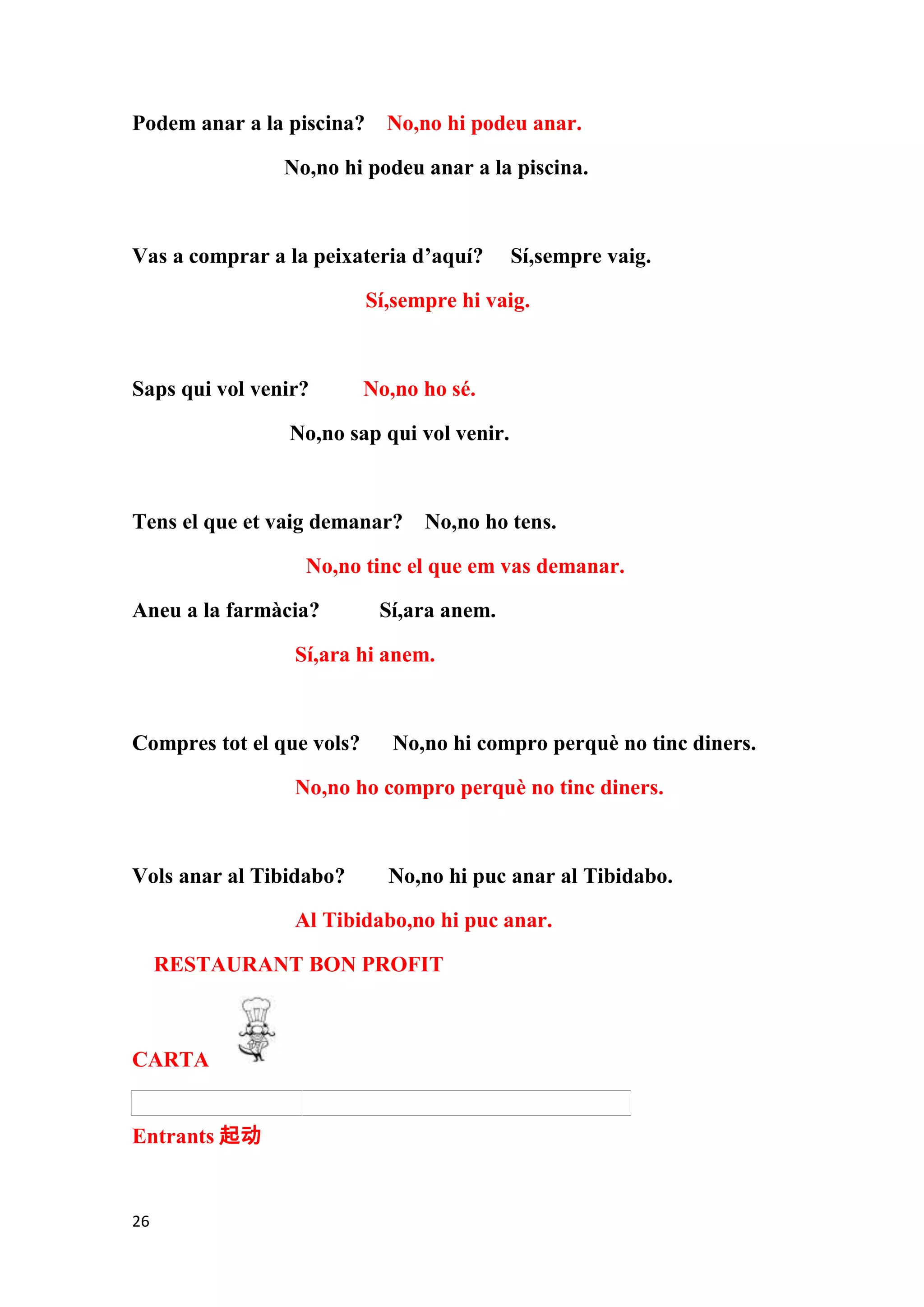 Podem anar a la piscina?     No,no hi podeu anar.

                No,no hi podeu anar a la piscina.



Vas a comprar a la peixateria d’aquí?      Sí,sempre vaig.

                           Sí,sempre hi vaig.



Saps qui vol venir?        No,no ho sé.

                No,no sap qui vol venir.



Tens el que et vaig demanar?     No,no ho tens.

                  No,no tinc el que em vas demanar.

Aneu a la farmàcia?         Sí,ara anem.

                 Sí,ara hi anem.



Compres tot el que vols?      No,no hi compro perquè no tinc diners.

                 No,no ho compro perquè no tinc diners.



Vols anar al Tibidabo?       No,no hi puc anar al Tibidabo.

                 Al Tibidabo,no hi puc anar.

     RESTAURANT BON PROFIT



CARTA


Entrants 起动


26
 
