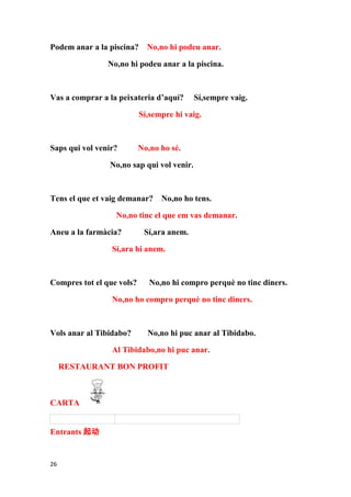 Podem anar a la piscina?     No,no hi podeu anar.

                No,no hi podeu anar a la piscina.



Vas a comprar a la peixateria d’aquí?      Sí,sempre vaig.

                           Sí,sempre hi vaig.



Saps qui vol venir?        No,no ho sé.

                No,no sap qui vol venir.



Tens el que et vaig demanar?     No,no ho tens.

                  No,no tinc el que em vas demanar.

Aneu a la farmàcia?         Sí,ara anem.

                 Sí,ara hi anem.



Compres tot el que vols?      No,no hi compro perquè no tinc diners.

                 No,no ho compro perquè no tinc diners.



Vols anar al Tibidabo?       No,no hi puc anar al Tibidabo.

                 Al Tibidabo,no hi puc anar.

     RESTAURANT BON PROFIT



CARTA


Entrants 起动


26
 