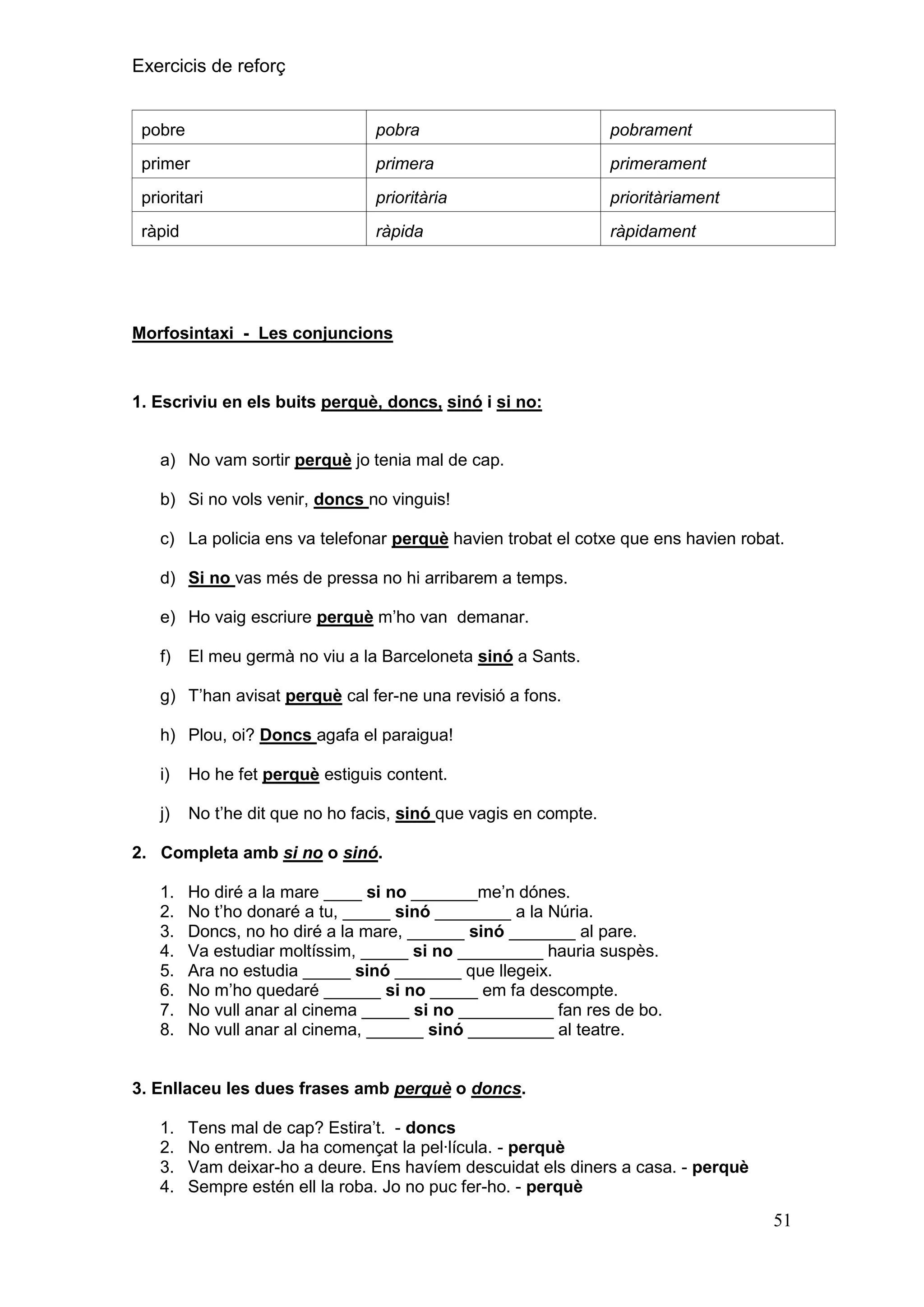 Exercicis de reforç

pobre

pobra

pobrament

primer

primera

primerament

prioritari

prioritària

prioritàriament

ràpid

ràpida

ràpidament

Morfosintaxi - Les conjuncions

1. Escriviu en els buits perquè, doncs, sinó i si no:
a) No vam sortir perquè jo tenia mal de cap.
b) Si no vols venir, doncs no vinguis!
c) La policia ens va telefonar perquè havien trobat el cotxe que ens havien robat.
d) Si no vas més de pressa no hi arribarem a temps.
e) Ho vaig escriure perquè m’ho van demanar.
f)

El meu germà no viu a la Barceloneta sinó a Sants.

g) T’han avisat perquè cal fer-ne una revisió a fons.
h) Plou, oi? Doncs agafa el paraigua!
i)

Ho he fet perquè estiguis content.

j)

No t’he dit que no ho facis, sinó que vagis en compte.

2. Completa amb si no o sinó.
1.
2.
3.
4.
5.
6.
7.
8.

Ho diré a la mare ____ si no _______me’n dónes.
No t’ho donaré a tu, _____ sinó ________ a la Núria.
Doncs, no ho diré a la mare, ______ sinó _______ al pare.
Va estudiar moltíssim, _____ si no _________ hauria suspès.
Ara no estudia _____ sinó _______ que llegeix.
No m’ho quedaré ______ si no _____ em fa descompte.
No vull anar al cinema _____ si no __________ fan res de bo.
No vull anar al cinema, ______ sinó _________ al teatre.

3. Enllaceu les dues frases amb perquè o doncs.
1.
2.
3.
4.

Tens mal de cap? Estira’t. - doncs
No entrem. Ja ha començat la pel·lícula. - perquè
Vam deixar-ho a deure. Ens havíem descuidat els diners a casa. - perquè
Sempre estén ell la roba. Jo no puc fer-ho. - perquè

51

 