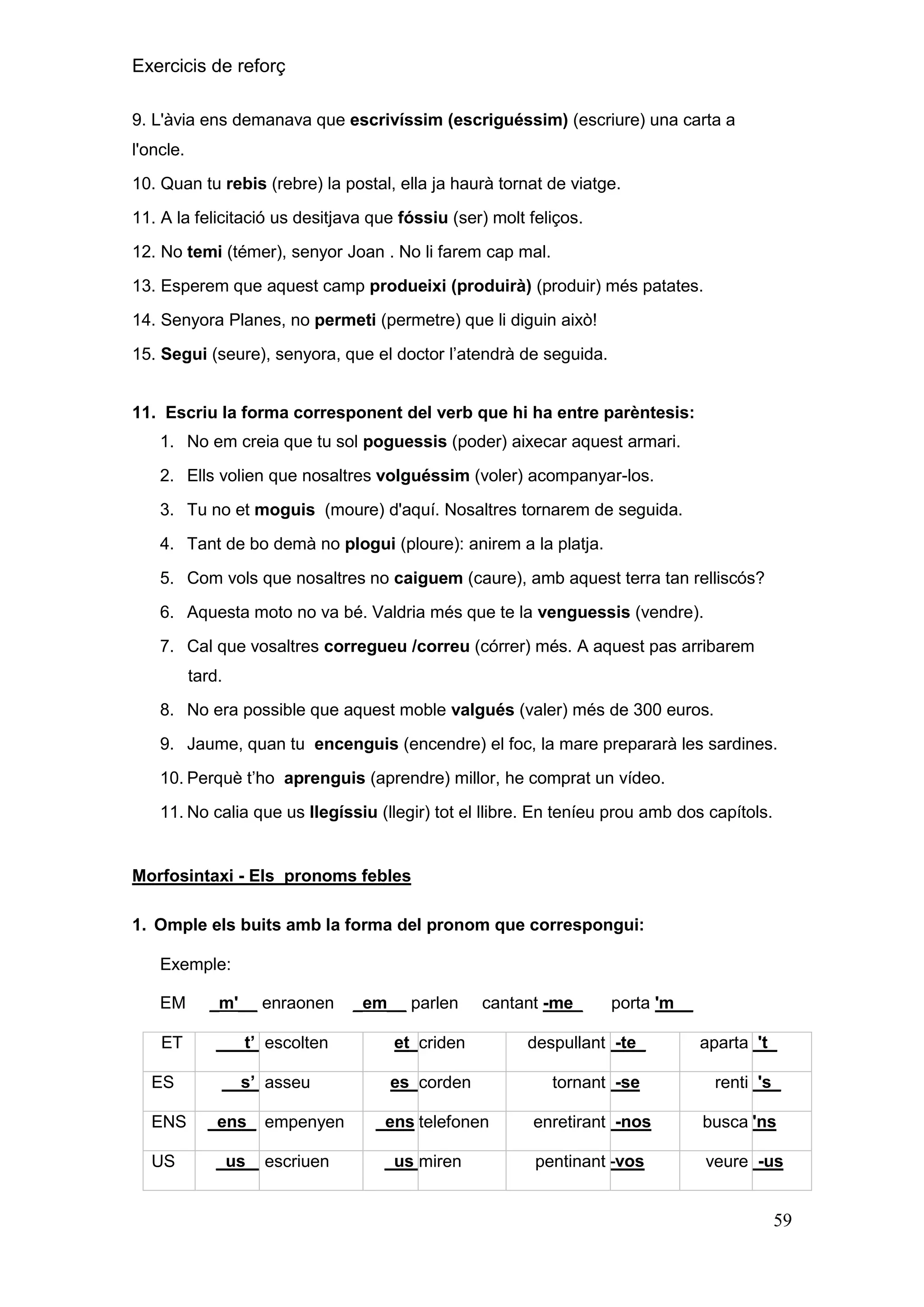 Exercicis de reforç
9. L'àvia ens demanava que escrivíssim (escriguéssim) (escriure) una carta a
l'oncle.
10. Quan tu rebis (rebre) la postal, ella ja haurà tornat de viatge.
11. A la felicitació us desitjava que fóssiu (ser) molt feliços.
12. No temi (témer), senyor Joan . No li farem cap mal.
13. Esperem que aquest camp produeixi (produirà) (produir) més patates.
14. Senyora Planes, no permeti (permetre) que li diguin això!
15. Segui (seure), senyora, que el doctor l’atendrà de seguida.
11. Escriu la forma corresponent del verb que hi ha entre parèntesis:
1. No em creia que tu sol poguessis (poder) aixecar aquest armari.
2. Ells volien que nosaltres volguéssim (voler) acompanyar-los.
3. Tu no et moguis (moure) d'aquí. Nosaltres tornarem de seguida.
4. Tant de bo demà no plogui (ploure): anirem a la platja.
5. Com vols que nosaltres no caiguem (caure), amb aquest terra tan relliscós?
6. Aquesta moto no va bé. Valdria més que te la venguessis (vendre).
7. Cal que vosaltres corregueu /correu (córrer) més. A aquest pas arribarem
tard.
8. No era possible que aquest moble valgués (valer) més de 300 euros.
9. Jaume, quan tu encenguis (encendre) el foc, la mare prepararà les sardines.
10. Perquè t’ho aprenguis (aprendre) millor, he comprat un vídeo.
11. No calia que us llegíssiu (llegir) tot el llibre. En teníeu prou amb dos capítols.

Morfosintaxi - Els pronoms febles
1. Omple els buits amb la forma del pronom que correspongui:
Exemple:
EM

_m'__ enraonen

ET

___t‟_escolten

ES
ENS
US

__s‟_asseu
_ens_ empenyen
_us__escriuen

_em__ parlen

cantant -me_

et_criden
es_corden

porta 'm__

despullant_-te_
tornant_-se

aparta_'t_
renti_'s_

ens telefonen

enretirant_-nos

busca''ns

_us_
miren

pentinant–vos

veure_-us

59

 