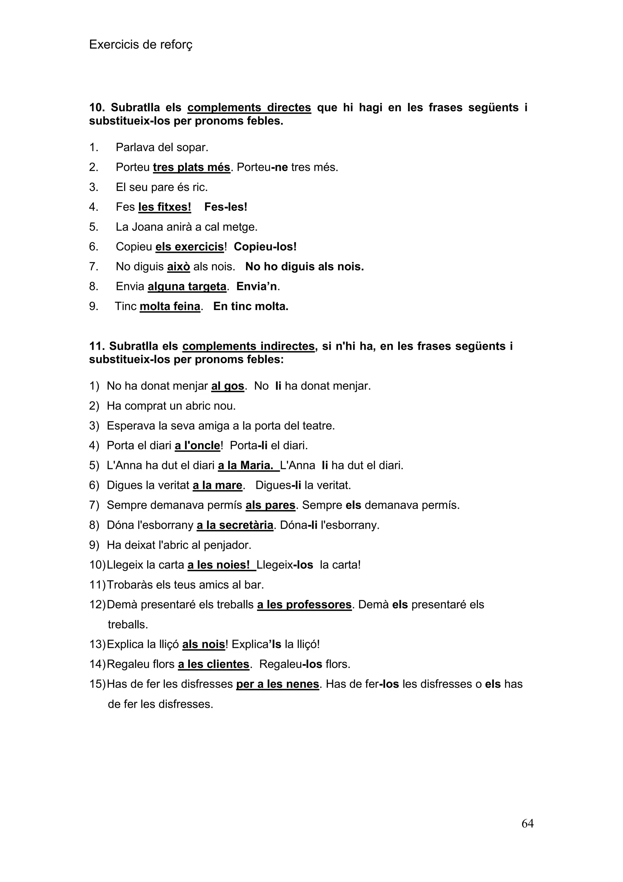 Exercicis de reforç

10. Subratlla els complements directes que hi hagi en les frases següents i
substitueix-los per pronoms febles.
1.

Parlava del sopar.

2.

Porteu tres plats més. Porteu-ne tres més.

3.

El seu pare és ric.

4.

Fes les fitxes!

5.

La Joana anirà a cal metge.

6.

Copieu els exercicis! Copieu-los!

7.

No diguis això als nois. No ho diguis als nois.

8.

Envia alguna targeta. Envia‟n.

9.

Tinc molta feina. En tinc molta.

Fes-les!

11. Subratlla els complements indirectes, si n'hi ha, en les frases següents i
substitueix-los per pronoms febles:
1) No ha donat menjar al gos. No li ha donat menjar.
2) Ha comprat un abric nou.
3) Esperava la seva amiga a la porta del teatre.
4) Porta el diari a l'oncle! Porta-li el diari.
5) L'Anna ha dut el diari a la Maria. L'Anna li ha dut el diari.
6) Digues la veritat a la mare. Digues-li la veritat.
7) Sempre demanava permís als pares. Sempre els demanava permís.
8) Dóna l'esborrany a la secretària. Dóna-li l'esborrany.
9) Ha deixat l'abric al penjador.
10) Llegeix la carta a les noies! Llegeix-los la carta!
11) Trobaràs els teus amics al bar.
12) Demà presentaré els treballs a les professores. Demà els presentaré els
treballs.
13) Explica la lliçó als nois! Explica‟ls la lliçó!
14) Regaleu flors a les clientes. Regaleu-los flors.
15) Has de fer les disfresses per a les nenes. Has de fer-los les disfresses o els has
de fer les disfresses.

64

 