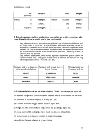 Exercicis de reforç

els
sembrats

onegen

tu

arranges

ell

arranjar

elles

pengen

vosaltres

mengeu

arranja

nosaltres

menjar

ella
jo

arrangem

menja
menjo

5. Totes les paraules del text següent que tenen el so de jo són excepcions a la
regla. Classifica-les a la graella que hi ha a continuació:
Vaig telefonar al Jeroni, em vaig posar el jersei i me’n vaig anar al cinema amb
ell. Projectaven la pel·lícula La vida de Bryan. Al començament en Jeroni em
feia moltes objeccions sobre aquell Jesús que havia canviat la majestat d’altres
versions per una picardia sorprenent. I sobre aquella Jerusalem tan semblant a
les nostres ciutats actuals, si les sabem mirar per dins... Però cap al final, el
sentia riure a cor què vols.
Vaig tornar a casa refeta, amb aquella injecció d’optimisme que en Jeroni em
sap transmetre tant... Vaig jeure al sofà amb la televisió en marxa i em vaig
adormir plàcidament fins l’endemà a les deu.

Paraules amb el so de jo que Paraules amb el grup -jecc- o
pertanyen al món hebreu
-ject- a l’interior

Altres paraules que
s’escriuen amb je-

Jeroni

projectaven

jersei

Jesús

objeccions

majestat

Jerusalem

injecció

jeure

6. Emplena els buits de les paraules següents. Totes contenen grups -tg- o -tj-.
En aquelles platges s’ha d’anar amb peus de plom perquè hi ha eriçons per tot arreu.
En Miquel no hi posa mai els peus, a la llotja del Liceu.
Se li van fer malbé les mitges de tant estar-se a peu dret.
El metge ens li ha aconsellat que visqui en un pis que estigui a peu pla.
En Josep sap molt bé on trepitja. No es ficarà pas de peus a la galleda.
No pensa moure ni un peu per vendre’s la plaça del garatge.
La sentència d’aquest jutge no té ni cap ni peus.

19

 