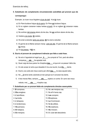 Exercicis de reforç
5. Substitueix els complements circumstancials subratllats pel pronom que els
correspongui:
Exemple: Ja viuen nous llogaters al pis de dalt. Ja hi viuen.
a) En Pere buidava l’aigua de la gerra. En Pere en buidava l'aigua.
b) Si no vigilem creixeran males herbes al jardí. Si no vigilem hi creixeran males
herbes.
c) No sortiran del cinema abans de les deu. No en sortiran abans de les deu.
d) Vesteix a la moda. Hi vesteix.
e) He anat a estudiar amb uns amics. Hi he anat a estudiar.
f) El germà de la Marta sempre menja amb els dits. El germà de la Marta sempre
hi menja.
g) Va de pressa. Hi va.
6. Escriu el pronom de complement indirecte que falta a cada frase.
a) No sé si t’agradarà el regal que _li____he comprat al Toni, però als altres
companys___els___ha agradat molt.
b) Quan vegi els teus pares he d’explicar-los___ el que em va passar l’altre dia.
c) Si vols avisar el veïns que dissabte hi ha una reunió, truca'ls___ demà.
d) Escric una carta als meus cosins per oferir-los___ la casa aquest estiu.
e) No __li donis tants caramels al nen perquè se li corcaran les dents.
f) A les meves filles, sempre ___els____ explico un conte. En canvi als meus
nebots, mai ___els____ n'explico cap.
7. Substitueix per un pronom feble els complements directes assenyalats:
1. El comprava.

10. No en menjava cap.

2. Els arreglava

11. No n‟hi havia cap.

3. L‟aprofitava.

12. Les compren.

4. La bullia.

13. N‟explicava.

5. L‟atrapava.

14. La iI·luminaven.

6. L‟endevinava.

15. No la utilitzis.

7. Ho pensava.

16. Ho explicava.

8. El netejava.

17. Ho miraven.

9. En menjava.

18. En Joan en descobreix.

62

 