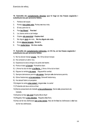 Exercicis de reforç

10. Subratlla els complements directes que hi hagi en les frases següents i
substitueix-los per pronoms febles.
1.

Parlava del sopar.

2.

Porteu tres plats més. Porteu-ne tres més.

3.

El seu pare és ric.

4.

Fes les fitxes!

5.

La Joana anirà a cal metge.

6.

Copieu els exercicis! Copieu-los!

7.

No diguis això als nois. No ho diguis als nois.

8.

Envia alguna targeta. Envia‟n.

9.

Tinc molta feina. En tinc molta.

Fes-les!

11. Subratlla els complements indirectes, si n'hi ha, en les frases següents i
substitueix-los per pronoms febles:
1) No ha donat menjar al gos. No li ha donat menjar.
2) Ha comprat un abric nou.
3) Esperava la seva amiga a la porta del teatre.
4) Porta el diari a l'oncle! Porta-li el diari.
5) L'Anna ha dut el diari a la Maria. L'Anna li ha dut el diari.
6) Digues la veritat a la mare. Digues-li la veritat.
7) Sempre demanava permís als pares. Sempre els demanava permís.
8) Dóna l'esborrany a la secretària. Dóna-li l'esborrany.
9) Ha deixat l'abric al penjador.
10) Llegeix la carta a les noies! Llegeix-los la carta!
11) Trobaràs els teus amics al bar.
12) Demà presentaré els treballs a les professores. Demà els presentaré els
treballs.
13) Explica la lliçó als nois! Explica‟ls la lliçó!
14) Regaleu flors a les clientes. Regaleu-los flors.
15) Has de fer les disfresses per a les nenes. Has de fer-los les disfresses o els has
de fer les disfresses.

64

 