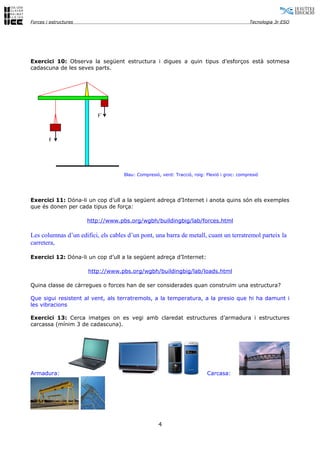 Forces i estructures                                                                          Tecnologia 3r ESO




Exercici 10: Observa la següent estructura i digues a quin tipus d’esforços està sotmesa
cadascuna de les seves parts.




                          F´



        F




                                    Blau: Compresió, verd: Tracció, roig: Flexió i groc: compresió




Exercici 11: Dóna-li un cop d’ull a la següent adreça d’Internet i anota quins són els exemples
que és donen per cada tipus de força:

                       http://www.pbs.org/wgbh/buildingbig/lab/forces.html

Les columnas d’un edifici, els cables d’un pont, una barra de metall, cuant un terratremol parteix la
carretera,

Exercici 12: Dóna-li un cop d’ull a la següent adreça d’Internet:

                       http://www.pbs.org/wgbh/buildingbig/lab/loads.html

Quina classe de càrregues o forces han de ser considerades quan construïm una estructura?

Que sigui resistent al vent, als terratremols, a la temperatura, a la presio que hi ha damunt i
les vibracions

Exercici 13: Cerca imatges on es vegi amb claredat estructures d’armadura i estructures
carcassa (mínim 3 de cadascuna).




Armadura:                                                                 Carcasa:




                                                   4
 