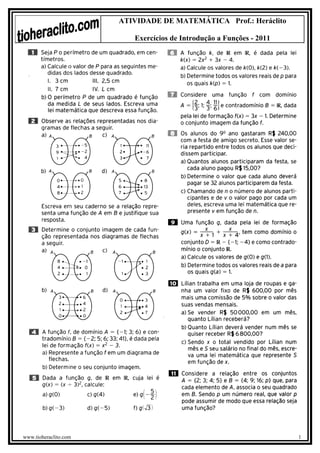 ATIVIDADE DE MATEMÁTICA Prof.: Heráclito

                          Exercícios de Introdução a Funções - 2011




www.tioheraclito.com                                                  1
 