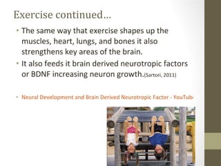 Exercise continued… The same way that exercise shapes up the muscles, heart, lungs, and bones it also strengthens key areas of the brain.  It also feeds it brain derived neurotropic factors or BDNF increasing neuron growth. (Sartori, 2011) Neural Development and Brain Derived Neurotropic Factor‬‏ - YouTube 