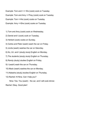 Example: Tom and I => We (cook) cook on Tuesday

Example: Tom and Amy =>They (cook) cook on Tuesday

Example: Tom =>He (cook) cooks on Tuesday

Example: Amy =>She (cook) cooks on Tuesday



1) Tom and Amy (cook) cook on Wednesday.

2) Daniel and I (cook) cook on Tuesday.

3) Herbert (cook) cooks on Sunday.

4) Carlos and Peter (wash) wash the car on Friday.

5) Jovita (wash) washes the car on Saturday.

6) Ko, Uri, and I (study) study English on Monday.

7) The students (study) study English on Thursday.

8) Randy (study) studies English on Friday.

9) I (wash) wash the car on Thursday.

10) Mack (wash) washes the car on Monday.

11) Natasha (study) studies English on Thursday.

12) Rachel: Hi Nina. Can I help you?

    Nina: Yes. You (wash) the car, and I will cook dinner.

Rachel: Okay. Good plan!
 