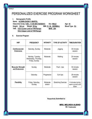 Activity 3
PERSONALIZED EXERCISE PROGRAM WORKSHEET
I. Demographic Profile
Name: ALDWIN DHON P. MARTEL
Class time & day: 9:00 – 11:00 AM (TUESDAY) Sex: MALE Age: 16
Height: 164 cm Weight: 58 kg. BMI: 21. 56 (NORMAL) Blood Type: B+
THR: 122.4 (Lower Limit of THR Range) MHR: 204
163.2 (Upper Limit of THR Range)
II. Exercise Program
HRF FREQUENCY INTENSITY TYPE OF ACTIVITY TIME/DURATION
Cardiovascular
Endurance
Saturday, Sunday Moderate Jogging 30 minutes
session
Monday, Tuesday
Wednesday, Thursday,
Friday, Sunday
Moderate Walking 25 minutes
session
Muscular Strength
and Endurance
Sunday Moderate Push - Ups 30 minutes
session
Saturday Progressive Curl Ups 28 minutes
session
Flexibility Friday, Saturday,
Sunday
Moderate
stretch
Stretching Exercise 4 minutes during
warm up and cool
down
Respectfully Submitted to:
MRS. MELINDA ALBINO
PE 1 Instructor
 