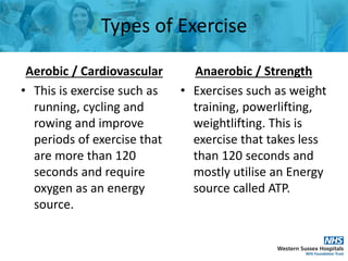 Types of Exercise
Aerobic / Cardiovascular
• This is exercise such as
running, cycling and
rowing and improve
periods of e...