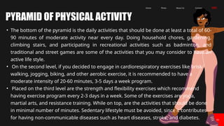 • The bottom of the pyramid is the daily activities that should be done at least a total of 60-
90 minutes of moderate activity near every day. Doing household chores, gardening,
climbing stairs, and participating in recreational activities such as badminton, and
traditional and street games are some of the activities that you may consider to have an
active life style.
• On the second level, if you decided to engage in cardiorespiratory exercises like brisk
walking, jogging, biking, and other aerobic exercise, it is recommended to have a
moderate intensity of 20-60 minutes, 3-5 days a week program.
• Placed on the third level are the strength and flexibility exercises which recommend
having exercise program every 2-3 days in a week. Some of the exercises are yoga,
martial arts, and resistance training. While on top, are the activities that should be done
in minimal number of minutes. Sedentary lifestyle must be avoided, since it contributes
for having non-communicable diseases such as heart diseases, stroke, and diabetes.
Contact
About Us
Photo
Home
03
PYRAMID OF PHYSICAL ACTIVITY
 