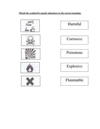 Match the symbol for unsafe substances to the correct meaning.



                                                Harmful


                                               Corrosive


                                               Poisonous


                                               Explosive


                                              Flammable
 