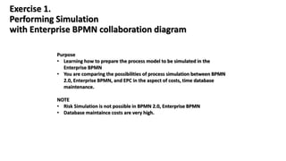 Exercise 1.
Performing Simulation
with Enterprise BPMN collaboration diagram
Purpose
• Learning how to prepare the process model to be simulated in the
Enterprise BPMN
• You are comparing the possibilities of process simulation between BPMN
2.0, Enterprise BPMN, and EPC in the aspect of costs, time database
maintenance.
NOTE
• Risk Simulation is not possible in BPMN 2.0, Enterprise BPMN
• Database maintaince costs are very high.
 