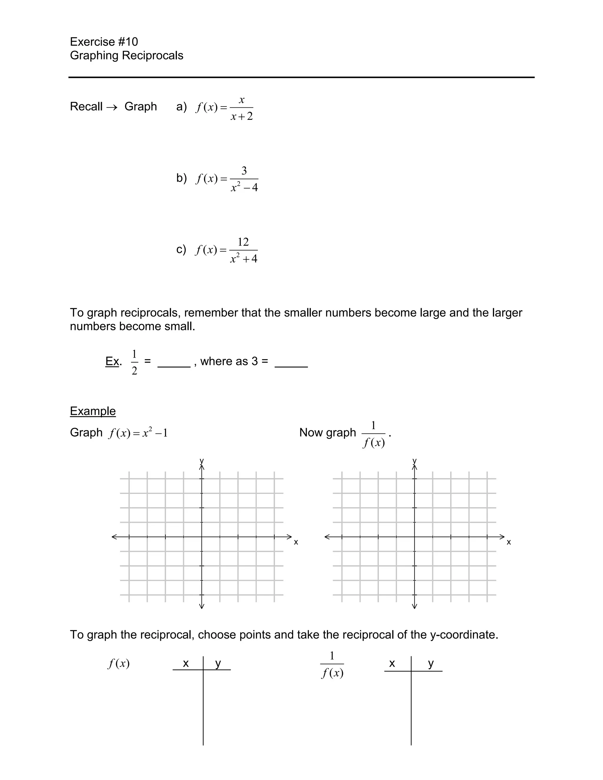 Exercise #10
Graphing Reciprocals


                                           x
Recall         Graph      a) f ( x)
                                       x 2



                                               3
                          b) f ( x)        2
                                       x           4



                                           12
                          c) f ( x)        2
                                       x           4



To graph reciprocals, remember that the smaller numbers become large and the larger
numbers become small.

                  1
         Ex.        = _____ , where as 3 = _____
                  2


Example
                                                                         1
Graph f ( x)       x2 1                                    Now graph          .
                                                                       f ( x)
                               y                                                  y




                                                       x                                  x




To graph the reciprocal, choose points and take the reciprocal of the y-coordinate.
                                                                1
         f ( x)            x       y                                          x       y
                                                              f ( x)
 