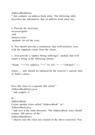 AddressBookEntry
” that contains an address book entry. The following table
describes the information that an address book entry has.
a. Provide the necessary
accessor/getter
and
mutator/setter
methods for all the ivars.
b. You should provide a constructor that will initialize ivars
with the supplied values from the client.
c. Also provide a “public String toString()” method that will
return a string in the following format:
“Name: ”++”tt Address: “++” tt Tel: “+ + “ttEmail:” + ;
where , , and should be replaced by the receiver’s current state
or field’s values.
Save this class in a separate file called “
AddressBookEntry.java
” and compile it.
Ø
AddressBook.
Create another class called “AddressBook” in “
AddressBook.java
” and save it the same directory. The AddressBook class should
contain 100 entries of the “
AddressBookEntry
” objects (use the class you created in the above exercise). You
 