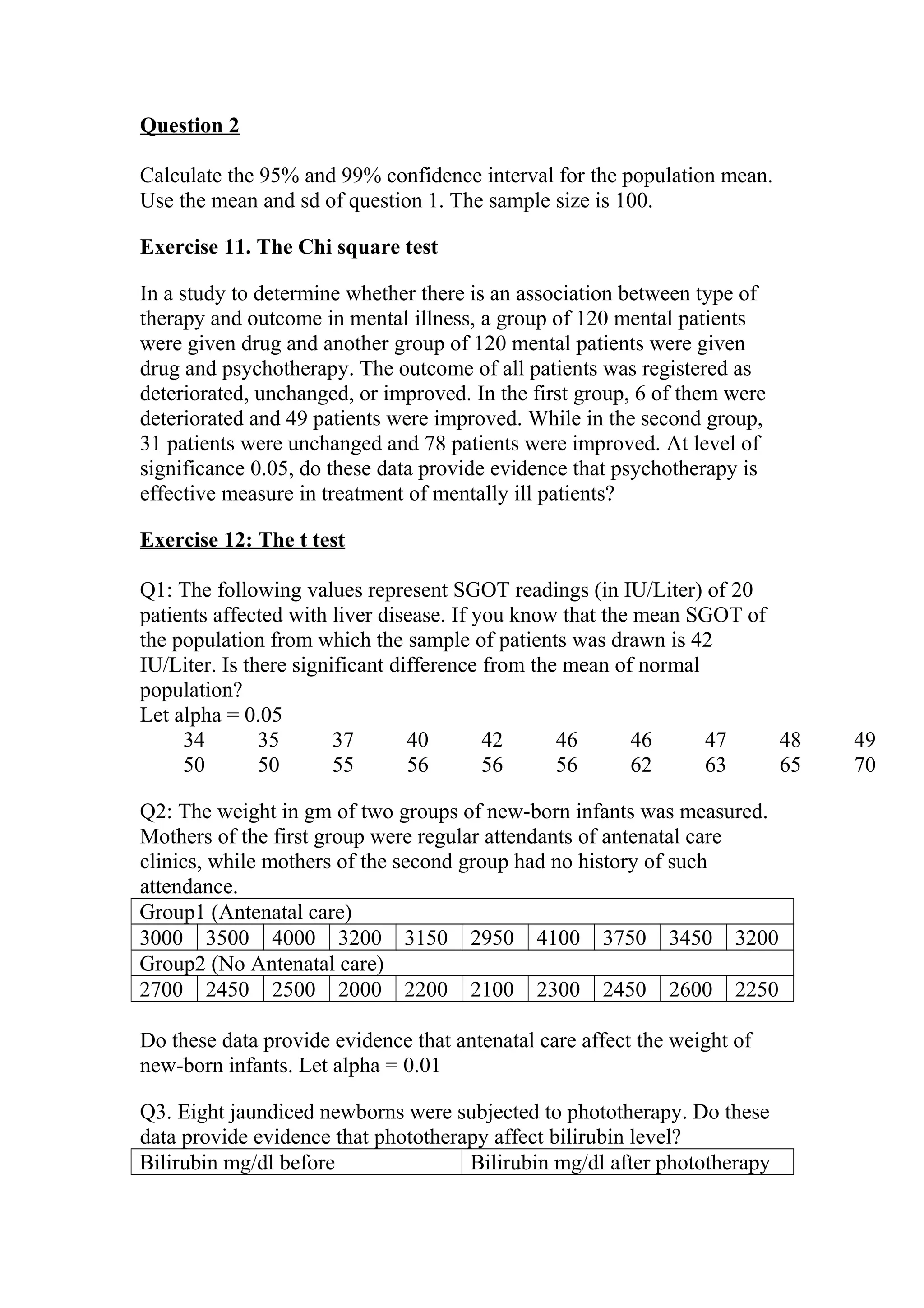 Question 2
Calculate the 95% and 99% confidence interval for the population mean.
Use the mean and sd of question 1. The sample size is 100.
Exercise 11. The Chi square test
In a study to determine whether there is an association between type of
therapy and outcome in mental illness, a group of 120 mental patients
were given drug and another group of 120 mental patients were given
drug and psychotherapy. The outcome of all patients was registered as
deteriorated, unchanged, or improved. In the first group, 6 of them were
deteriorated and 49 patients were improved. While in the second group,
31 patients were unchanged and 78 patients were improved. At level of
significance 0.05, do these data provide evidence that psychotherapy is
effective measure in treatment of mentally ill patients?
Exercise 12: The t test
Q1: The following values represent SGOT readings (in IU/Liter) of 20
patients affected with liver disease. If you know that the mean SGOT of
the population from which the sample of patients was drawn is 42
IU/Liter. Is there significant difference from the mean of normal
population?
Let alpha = 0.05
34 35 37 40 42 46 46 47 48 49
50 50 55 56 56 56 62 63 65 70
Q2: The weight in gm of two groups of new-born infants was measured.
Mothers of the first group were regular attendants of antenatal care
clinics, while mothers of the second group had no history of such
attendance.
Group1 (Antenatal care)
3000 3500 4000 3200 3150 2950 4100 3750 3450 3200
Group2 (No Antenatal care)
2700 2450 2500 2000 2200 2100 2300 2450 2600 2250
Do these data provide evidence that antenatal care affect the weight of
new-born infants. Let alpha = 0.01
Q3. Eight jaundiced newborns were subjected to phototherapy. Do these
data provide evidence that phototherapy affect bilirubin level?
Bilirubin mg/dl before Bilirubin mg/dl after phototherapy
 