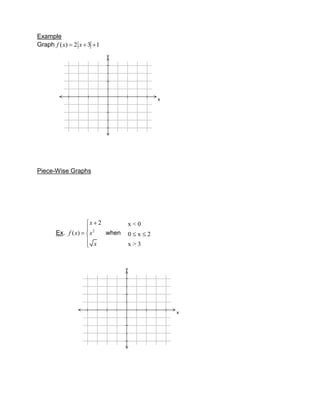 Example
Graph f ( x) 2 x 3 1
                           y




                                              x




Piece-Wise Graphs




                   x 2            x<0
                       2
      Ex. f ( x)   x       when   0   x   2
                       x          x>3


                                  y




                                                  x
 