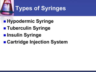 Types of Syringes

 Hypodermic   Syringe
 Tuberculin Syringe
 Insulin Syringe
 Cartridge Injection System
 