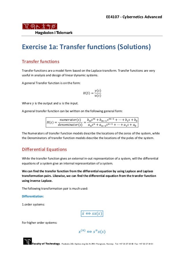 Exercise 1a Transfer Functions Solutions