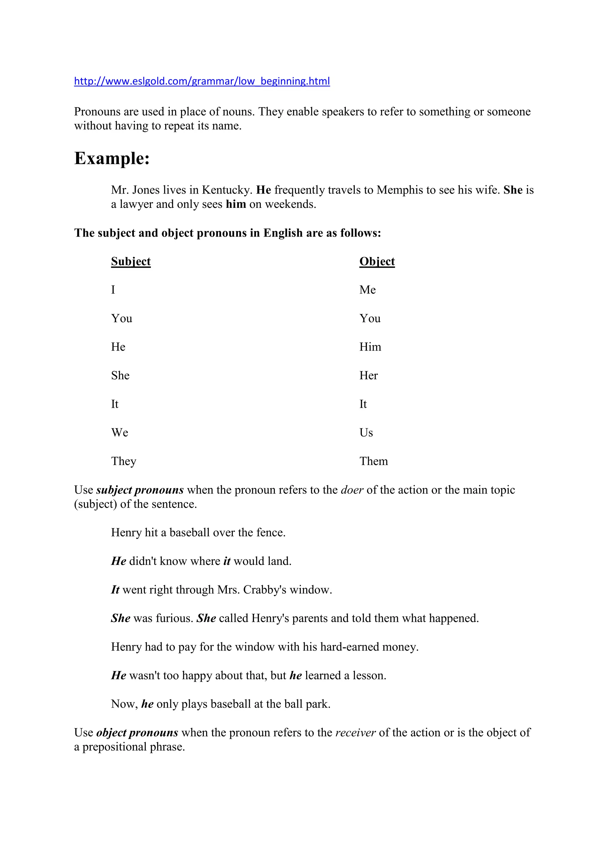 http://www.eslgold.com/grammar/low_beginning.html
Pronouns are used in place of nouns. They enable speakers to refer to something or someone
without having to repeat its name.
Example:
Mr. Jones lives in Kentucky. He frequently travels to Memphis to see his wife. She is
a lawyer and only sees him on weekends.
The subject and object pronouns in English are as follows:
Subject
I
You
He
She
It
We
They
Object
Me
You
Him
Her
It
Us
Them
Use subject pronouns when the pronoun refers to the doer of the action or the main topic
(subject) of the sentence.
Henry hit a baseball over the fence.
He didn't know where it would land.
It went right through Mrs. Crabby's window.
She was furious. She called Henry's parents and told them what happened.
Henry had to pay for the window with his hard-earned money.
He wasn't too happy about that, but he learned a lesson.
Now, he only plays baseball at the ball park.
Use object pronouns when the pronoun refers to the receiver of the action or is the object of
a prepositional phrase.
 