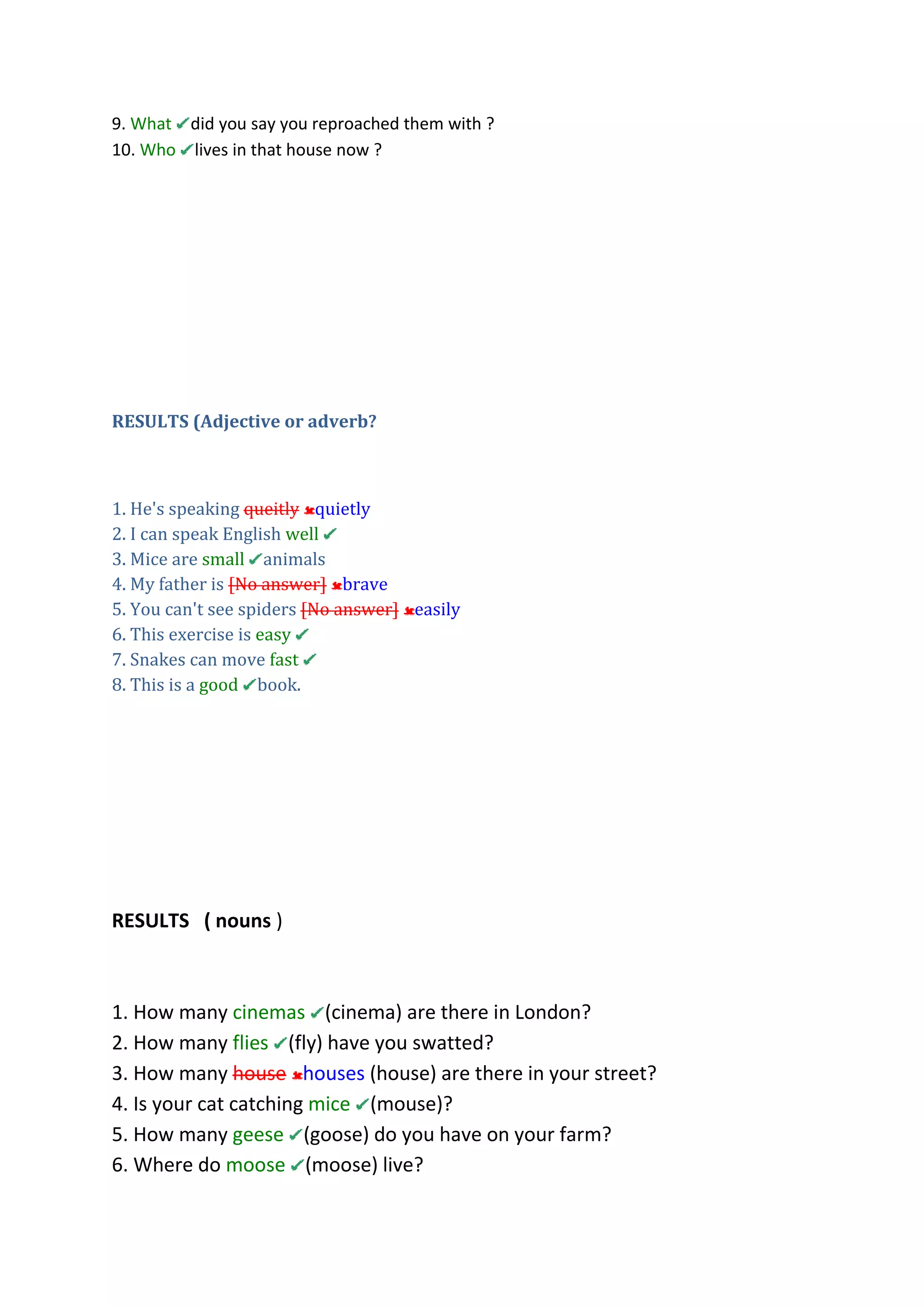 9. What did you say you reproached them with ?
10. Who lives in that house now ?
RESULTS (Adjective or adverb?
1. He's speaking queitly quietly
2. I can speak English well
3. Mice are small animals
4. My father is [No answer] brave
5. You can't see spiders [No answer] easily
6. This exercise is easy
7. Snakes can move fast
8. This is a good book.
RESULTS ( nouns )
1. How many cinemas (cinema) are there in London?
2. How many flies (fly) have you swatted?
3. How many house houses (house) are there in your street?
4. Is your cat catching mice (mouse)?
5. How many geese (goose) do you have on your farm?
6. Where do moose (moose) live?
 