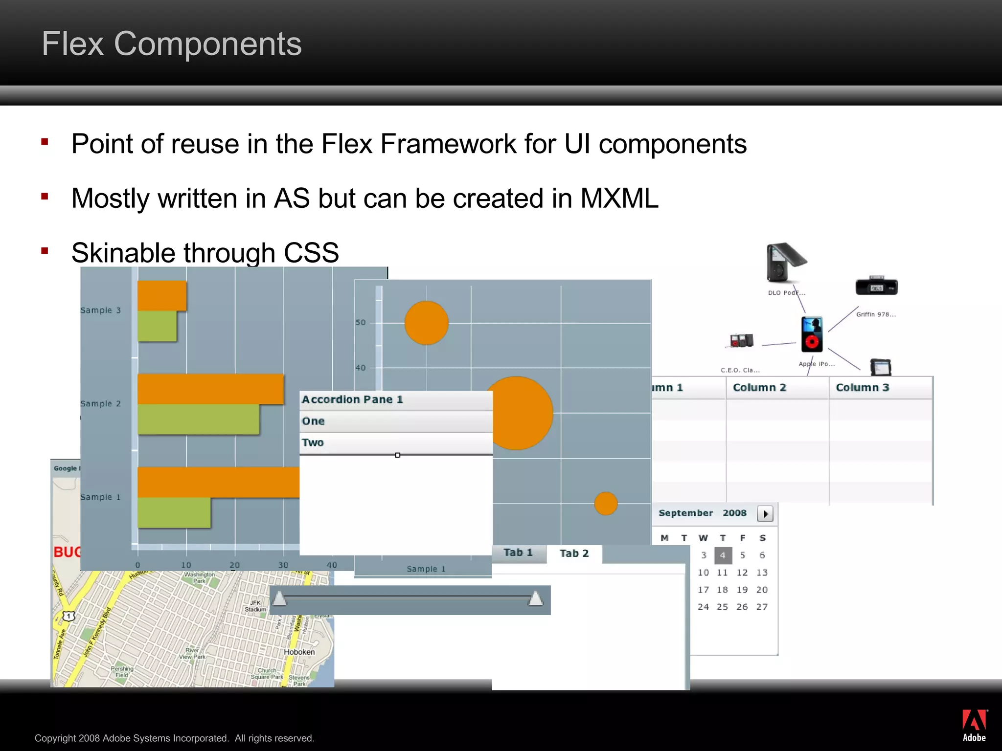Flex Components Point of reuse in the Flex Framework for UI components Mostly written in AS but can be created in MXML Skinable through CSS 
