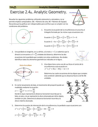 Analytic Geometry
Exercise 2.4R. Analytic Geometry.
Resuelve los siguientes problemas utilizando solamente tu calculadora, no se
permite emplear computadora. (NL = Número de Lista, NE = Número de Equipo).
Recuerda que las gráficas son indispensables para verificar que se cumplen con las
condiciones del problema.
1. Encuentra la ecuación de la circunferencia circunscrita al
triángulo formado por las rectas cuyas ecuaciones son:
Ecuación 1: (4 +
𝑁𝐿
10
) 𝑥 + (2 +
𝑁𝐸
5
) 𝑦 + 5 = 0
Ecuación 2: −6𝑥 + (5 +
𝑁𝐿
10
) 𝑦 − (9 +
𝑁𝐸
5
) = 0
Ecuación 3: (2 +
𝑁𝐸
5
) 𝑥 + 7𝑦 − (15 +
𝑁𝐿
10
) = 0
2. Una parábola es tangente, en su vértice, a la recta 𝑥 = 5; si sabemos que la
directriz se encuentra a 3 +
𝑁𝐿
4
unidades de distancia, determina las dos
ecuaciones de la parábola que cumplen con estas condiciones. No olvides
identificar todos los elementos geométricos indicados en la figura.
3. Una elipse tiene como uno de sus focos el centro de la
circunferencia cuya ecuación es:
𝑥2
+ 𝑦2
+ 𝑁𝐿𝑥 − 𝑁𝐸𝑦 − 12 = 0
Determina las cuatro ecuaciones de las elipses que cumplen
esta condición sabiendo que la distancia focal es de NL+NE
unidades.
4. En cierto lanzamiento de bala, el movimiento del proyectil puede ser
modelado mediante la ecuación:
𝑦 = −
𝑁𝐸
94
𝑥2
+ 𝑥 + 5 +
𝑁𝐿
12
Donde la equis representa la distancia horizontal recorrida por la
bala, en pies, y la ye representa la altura alcanzada por dicho objeto,
también en pies. Determina la distancia horizontal recorrida y la
altura máxima alcanzada.
5. Determina los puntos de intersección de la circunferencia y la parábola cuyas ecuaciones son:
𝑥2
+ 𝑦2
+ (4 +
𝑁𝐿
10
) 𝑥 − (6 +
𝑁𝐸
10
) 𝑦 − 50 −
𝑁𝐸
10
= 0
𝑦 = (1 +
𝑁𝐿
10
) 𝑥2
− (2 +
𝑁𝐸
5
) 𝑥 − 5 −
𝑁𝐿
2
 