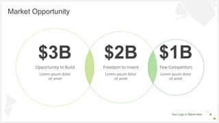 Your Logo or Name Here
Market Opportunity
Opportunity to Build
$3B
Lorem ipsum dolor
sit amet
Freedom to Invent
$2B
Lorem ipsum dolor
sit amet
Few Competitors
$1B
Lorem ipsum dolor
sit amet
9
 