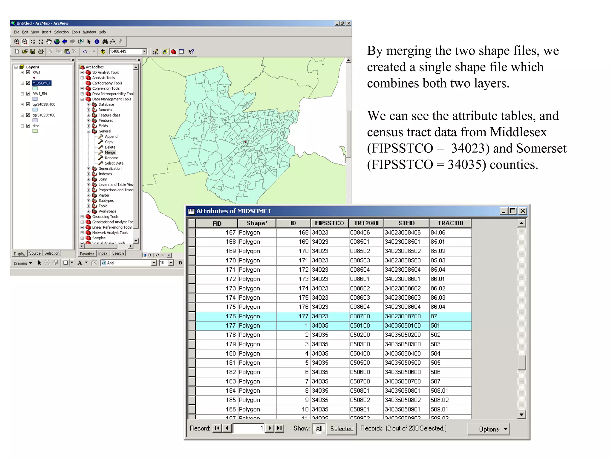 By merging the two shape files, we created a single shape file which combines both two layers. We can see the attribute tables, and census tract data from Middlesex (FIPSSTCO =  34023) and Somerset (FIPSSTCO = 34035) counties. 