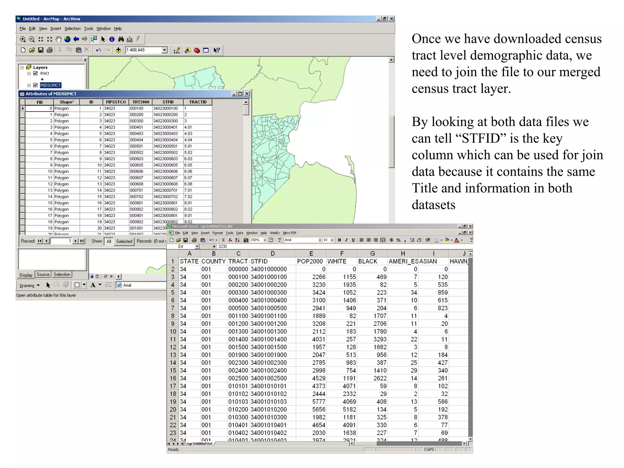Once we have downloaded census tract level demographic data, we need to join the file to our merged census tract layer. By looking at both data files we can tell “STFID” is the key column which can be used for join data because it contains the same Title and information in both datasets 