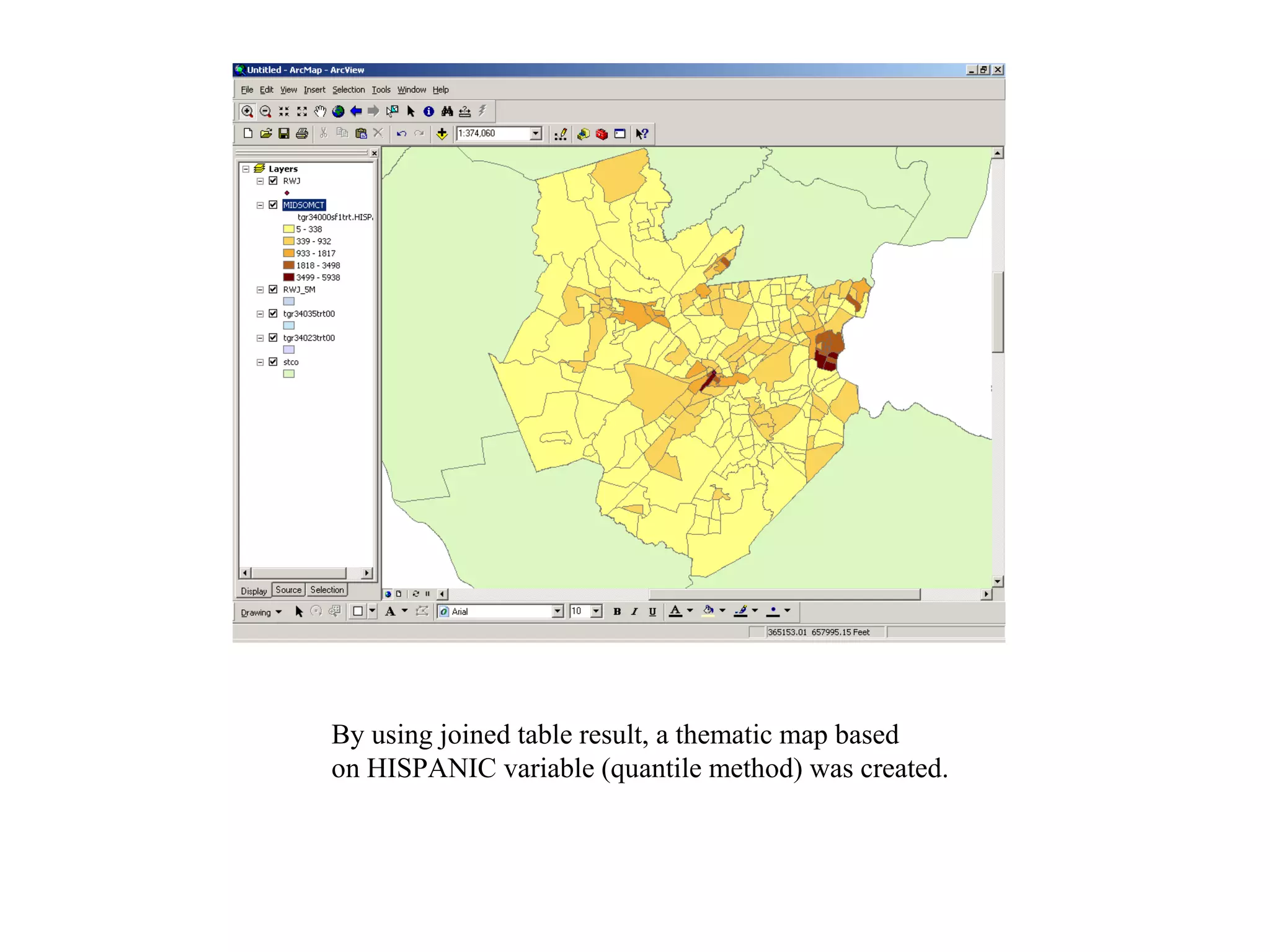 By using joined table result, a thematic map based  on HISPANIC variable (quantile method) was created. 