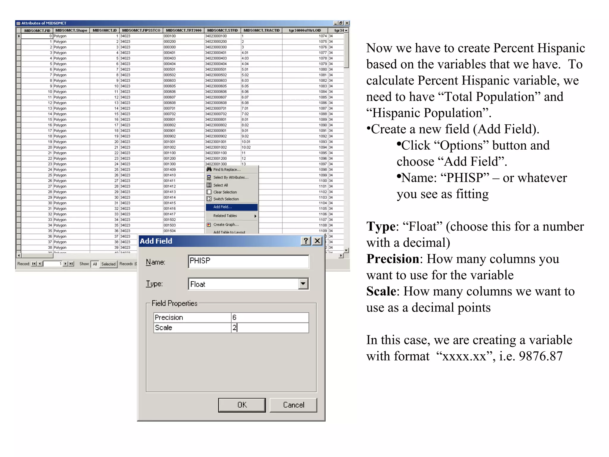 Now we have to create Percent Hispanic based on the variables that we have.  To calculate Percent Hispanic variable, we need to have “Total Population” and “Hispanic Population”. Create a new field (Add Field). Click “Options” button and choose “Add Field”.  Name: “PHISP” – or whatever you see as fitting Type : “Float” (choose this for a number with a decimal) Precision : How many columns you want to use for the variable Scale : How many columns we want to use as a decimal points In this case, we are creating a variable with format  “xxxx.xx”, i.e. 9876.87  