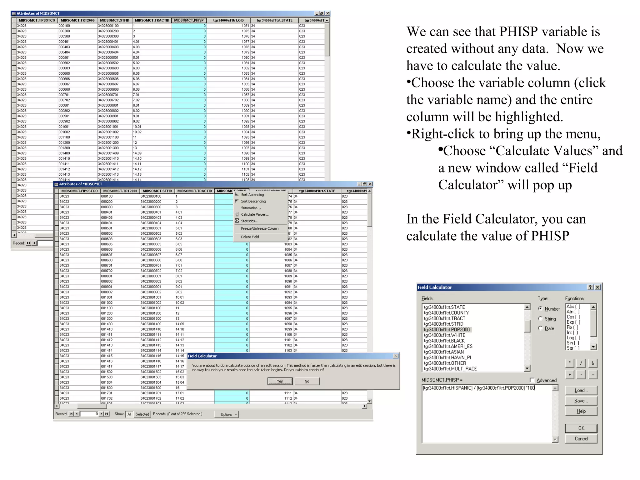 We can see that PHISP variable is created without any data.  Now we have to calculate the value.  Choose the variable column (click the variable name) and the entire column will be highlighted.  Right-click to bring up the menu, Choose “Calculate Values” and a new window called “Field Calculator” will pop up In the Field Calculator, you can calculate the value of PHISP 