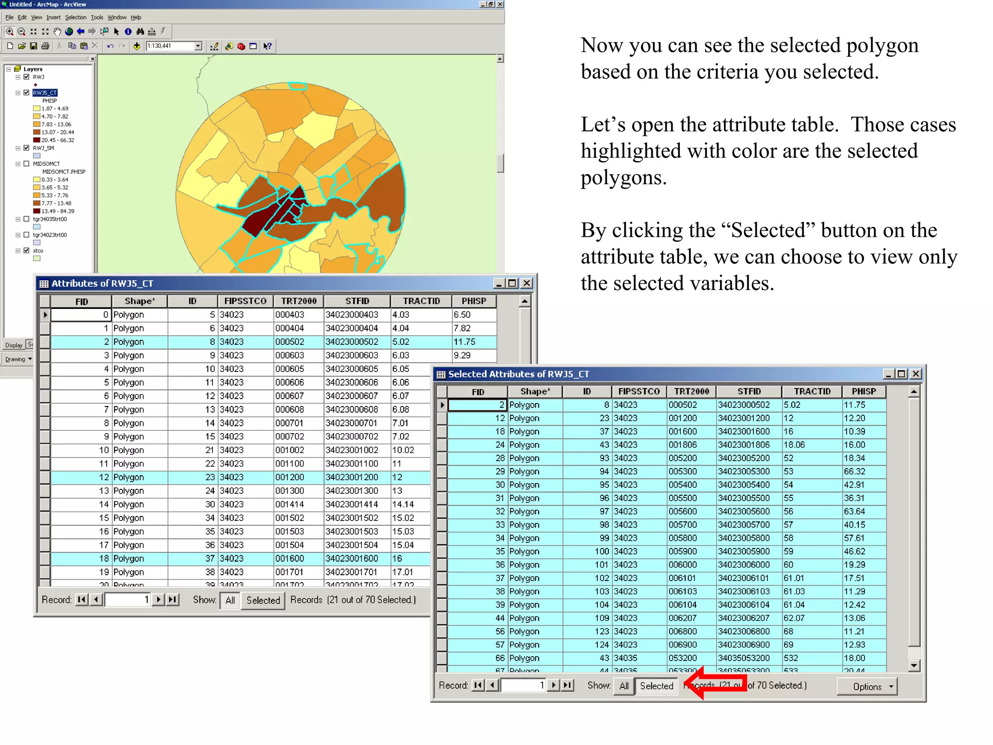 Now you can see the selected polygon based on the criteria you selected. Let’s open the attribute table.  Those cases highlighted with color are the selected polygons.  By clicking the “Selected” button on the attribute table, we can choose to view only the selected variables. 