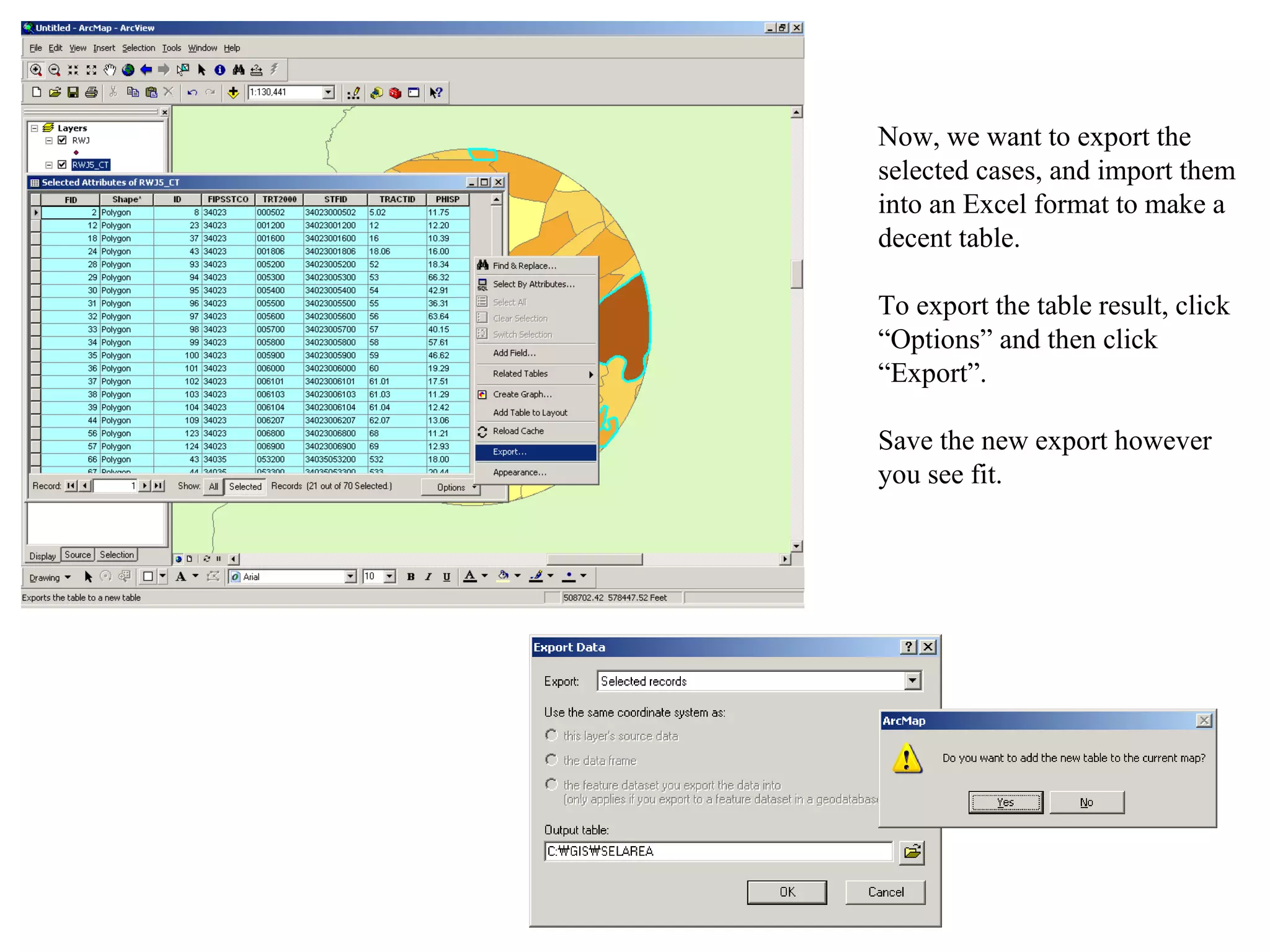 Now, we want to export the selected cases, and import them into an Excel format to make a decent table.  To export the table result, click “Options” and then click “Export”.  Save the new export however you see fit. 