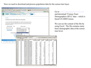 Go to  www.geographynetwork.com   and download “Census Tract Demographics (SF1)” data – which is based US 2000 Census. We can see the content of the file by using Excel.  The file contains many basic demographic data at the census tract level. Now we need to download and process population data for the census tract layer. 