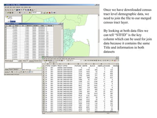 Once we have downloaded census tract level demographic data, we need to join the file to our merged census tract layer. By looking at both data files we can tell “STFID” is the key column which can be used for join data because it contains the same Title and information in both datasets 