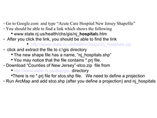 Go to Google.com  and type “Acute Care Hospital New Jersey Shapefile” You should be able to find a link which shows the following www.state.nj.us/health/chs/gis/nj_ hospital s.htm  After you click the link, you should be able to find the link  http://www.state.nj.us/health/chs/gis/nj_hospitals.zip   click and extract the file to c:\gis directory The new shape file has a name, “nj_hospitals.shp” You may notice that the file contains *.prj file. Download “Counties of New Jersey”-stco.zip  file from http://www.state.nj.us/dep/gis   directory There is no *.prj file for stco.shp file.  We need to define a projection Run ArcMap and add stco.shp (after you define a projection) and nj_hospitals 